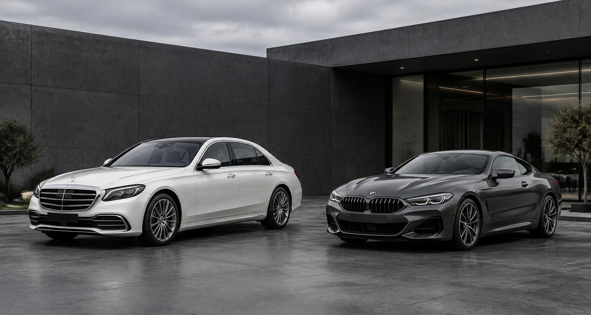 White Mercedes-Benz S-Class and grey BMW 8 Series at a contemporary automotive facility
